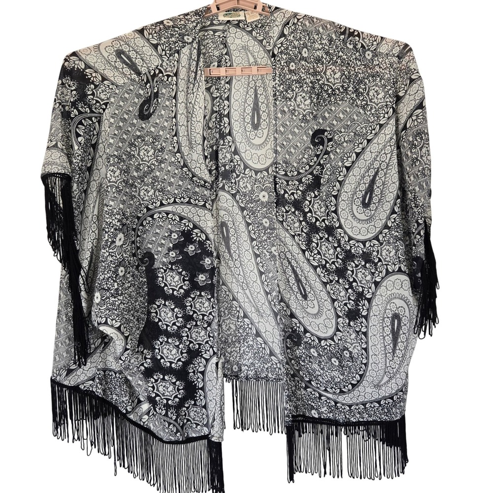 Kimono XL Topper‎ Black White Paisley Fringe Open Front Beach Cover Up Tropical